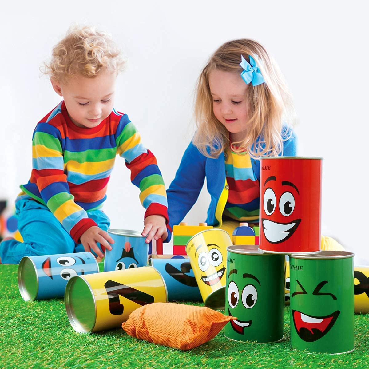 Tin Can Alley Game, Outdoor Garden Target Shooting Fairground Games for Kids & Children, Garden Party Toys Gift for Boys & Girls: 10pcs Fun Smile Knock Down Tin Cans and 3pcs Beanbags