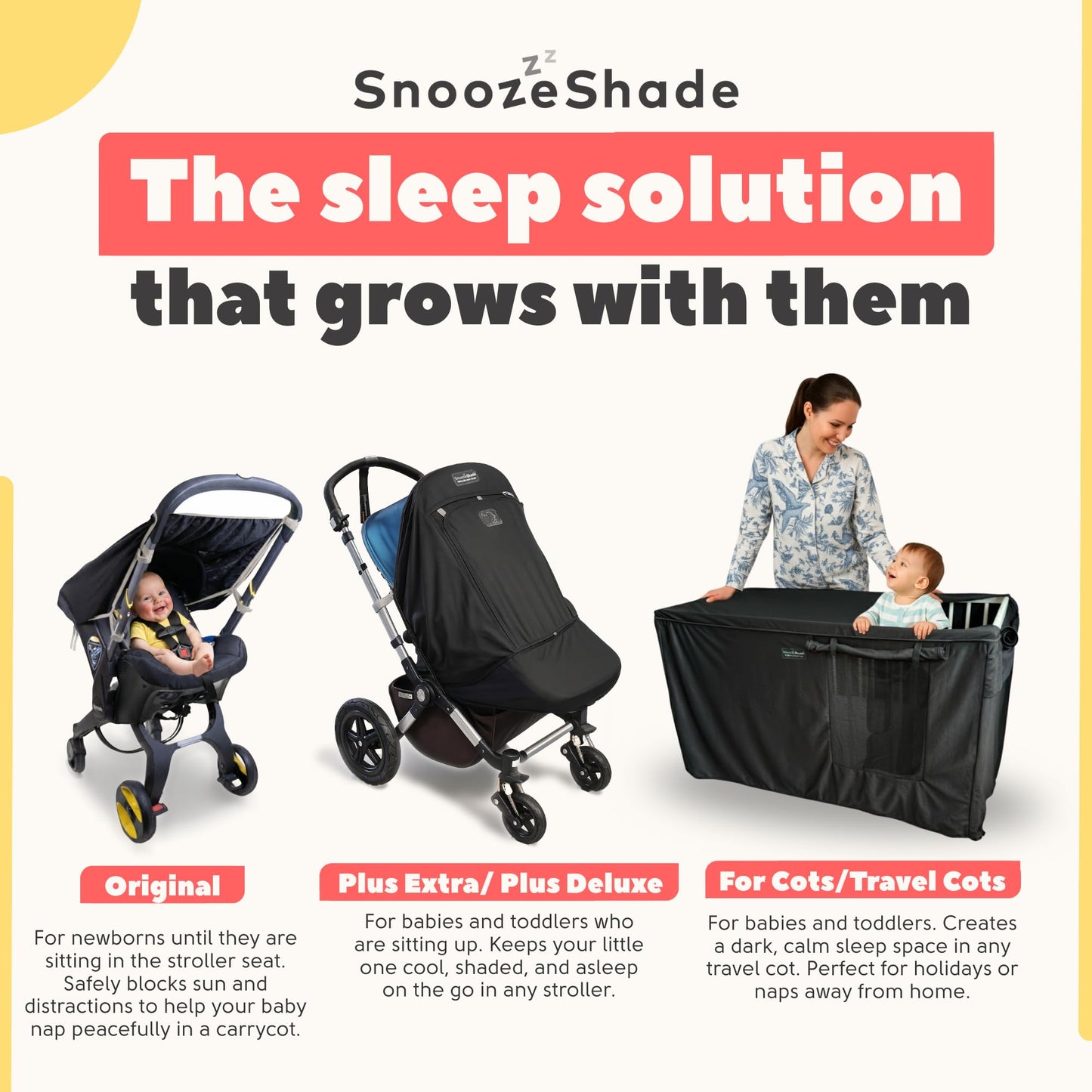 SnoozeShade Plus Extra Pram and Stroller Sun Shade Cover Blocks 99% UV UPF50+ Baby Sleep Aid and Breathable Blackout Canopy for Pushchairs Buggies and Travel Strollers
