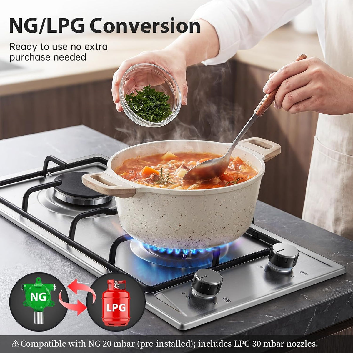 SNDOAS Gas Hob 4 Burners, NG/LPG Convertible, Built-in Black Glass Gas Hob with Wok Burner, Flame Failure Protection, 8000W, YYUKGCT-B04