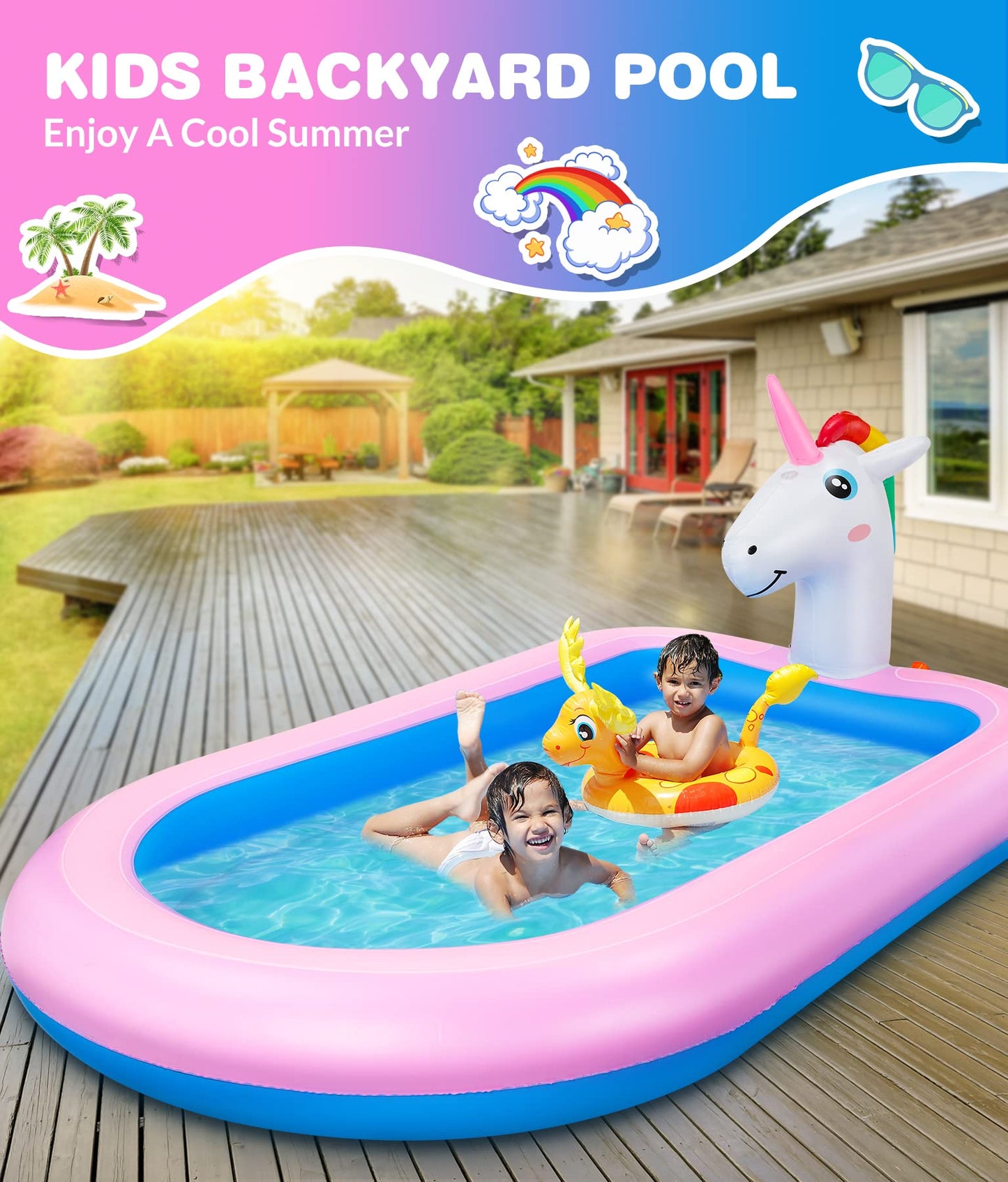 COOLJOYA Inflatable Pool | Splash Spray Paddling Pool Sprinkler Pad | Paddling Pool for Kids Toddlers | Swimming Pool Toy Gifts 68 x 41 x 18 Inch (Unicorn)