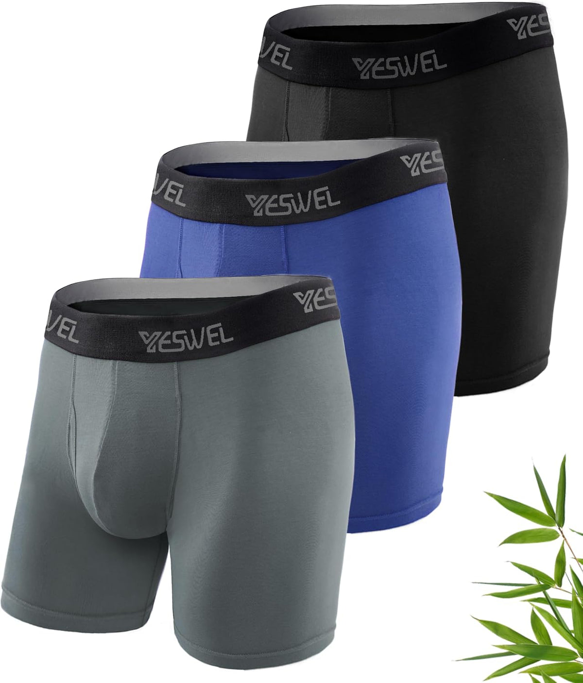YESWEL Mens Bamboo Boxers, Longer Leg Boxer Shorts with Fly, Anti Chafing Underwear Trunks, No Itchy Labels Underpants (S-4XL)