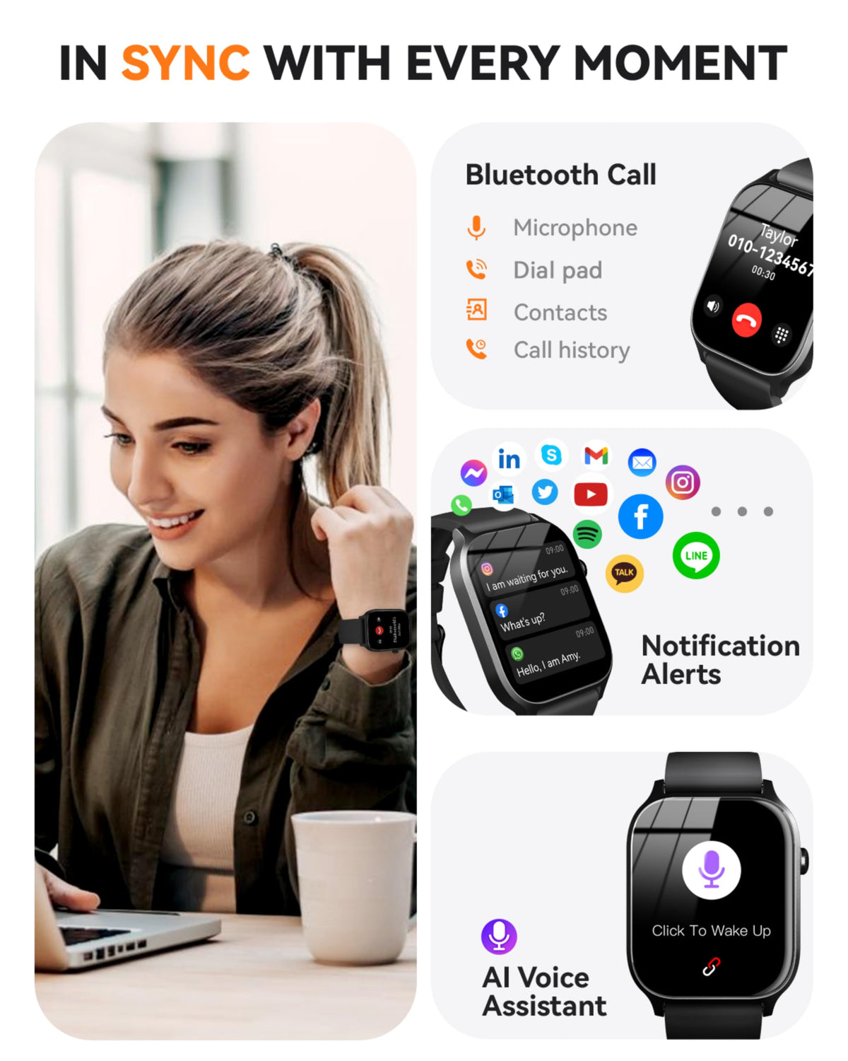 Smart Watch for Men Women- Answer/Make Call, 2024 IP68 Waterproof Fitness Tracker Watch with Sleep Step Counter Activity Smartwatch for Samsung Android iPhone iOS (Black-Blue, 1.83)