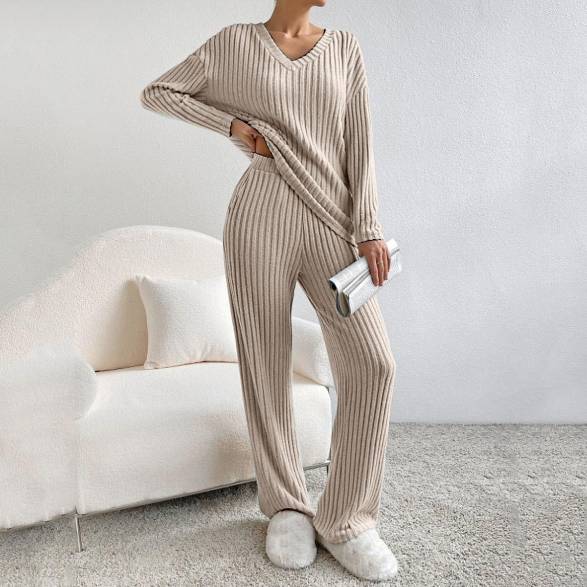 Lounge Wear Sets For Women Uk Womens Pyjamas Set Ladies Pyjamas Two Piece Outfit Fleece Tracksuits V-Neck Long Sleeve Jumpers And Wide Leg Trousers With Pockets Sleepwear Plain Casual Homewear