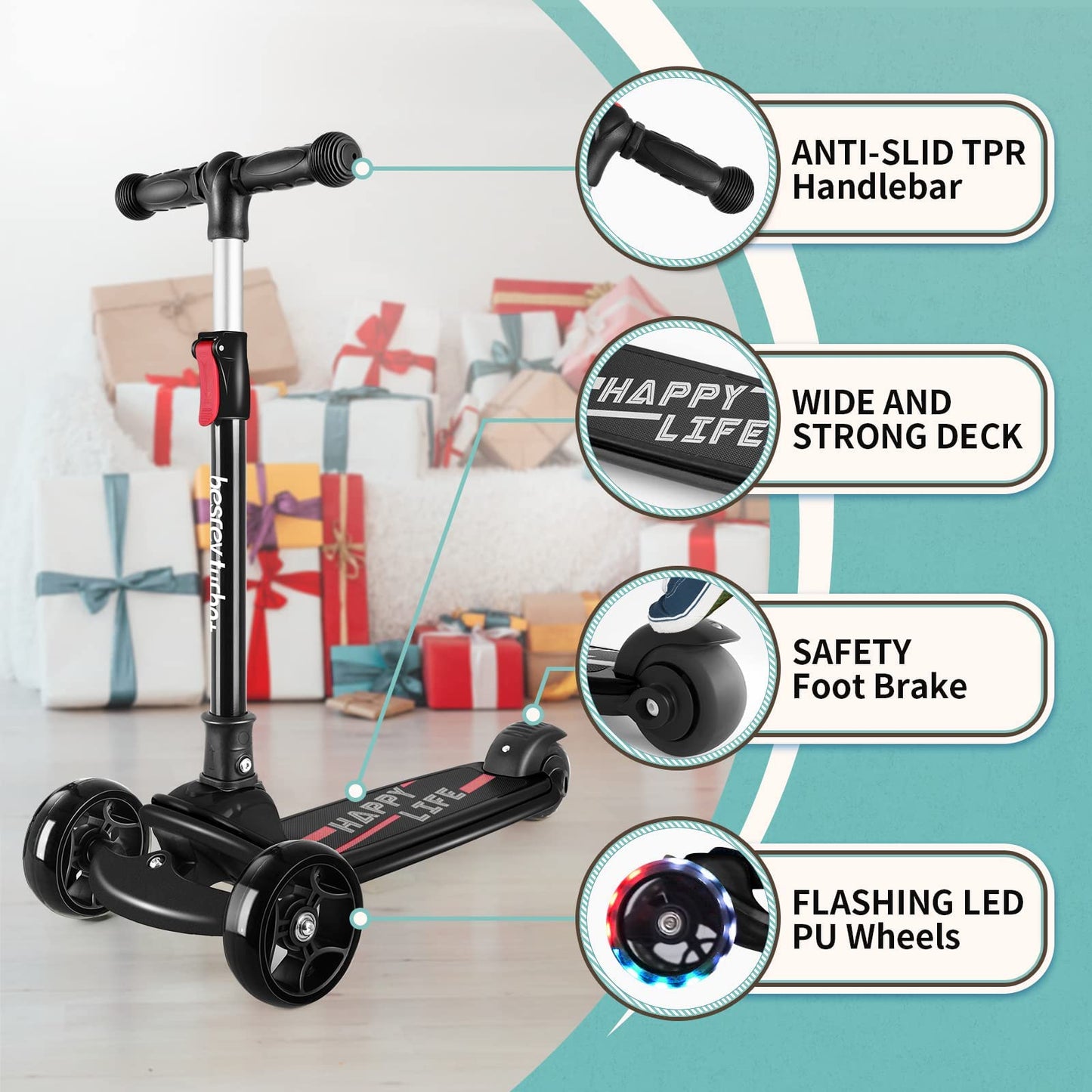 besrey 3-Wheel Toddler Scooter with Lean-to-Steer — Foldable, Anti-Slip Deck | Max 50 kg