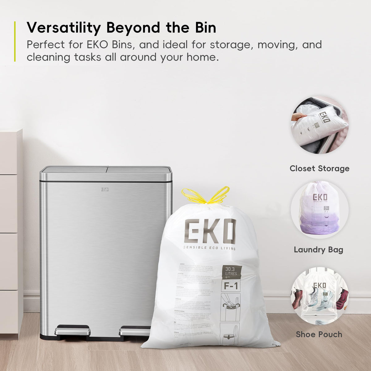 EKO Bin Bags, Kitchen Bin Liners, Drawstring, 40-60 Litre, 12 Count, Code F
