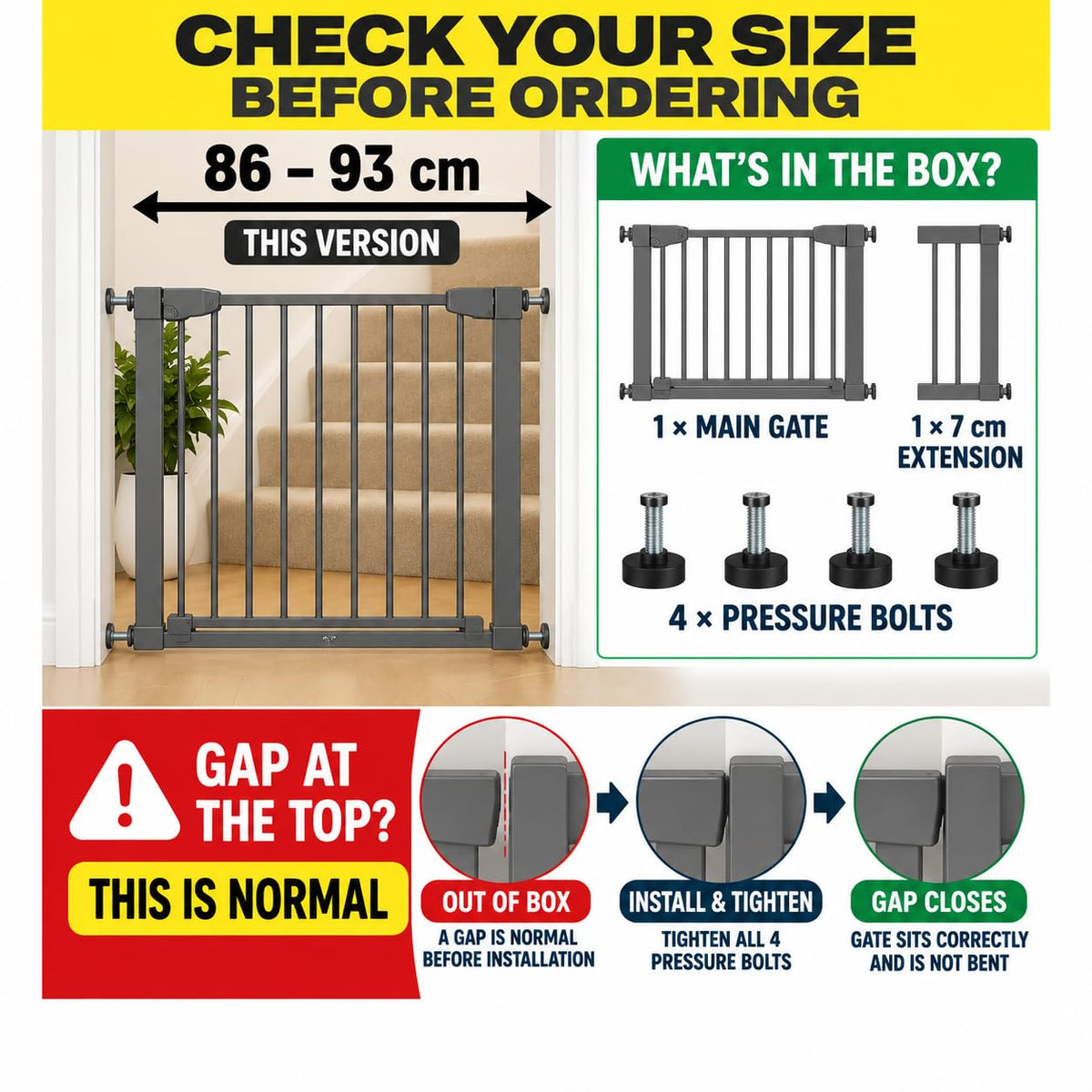 For Your Little One Pressure Fit Safety Stair Gate – 100–107 cm – 2 x 7 cm Extensions Included – No Screws Needed | One-Hand Opening | Baby & Pet Gate for Stairs & Doorways, Grey
