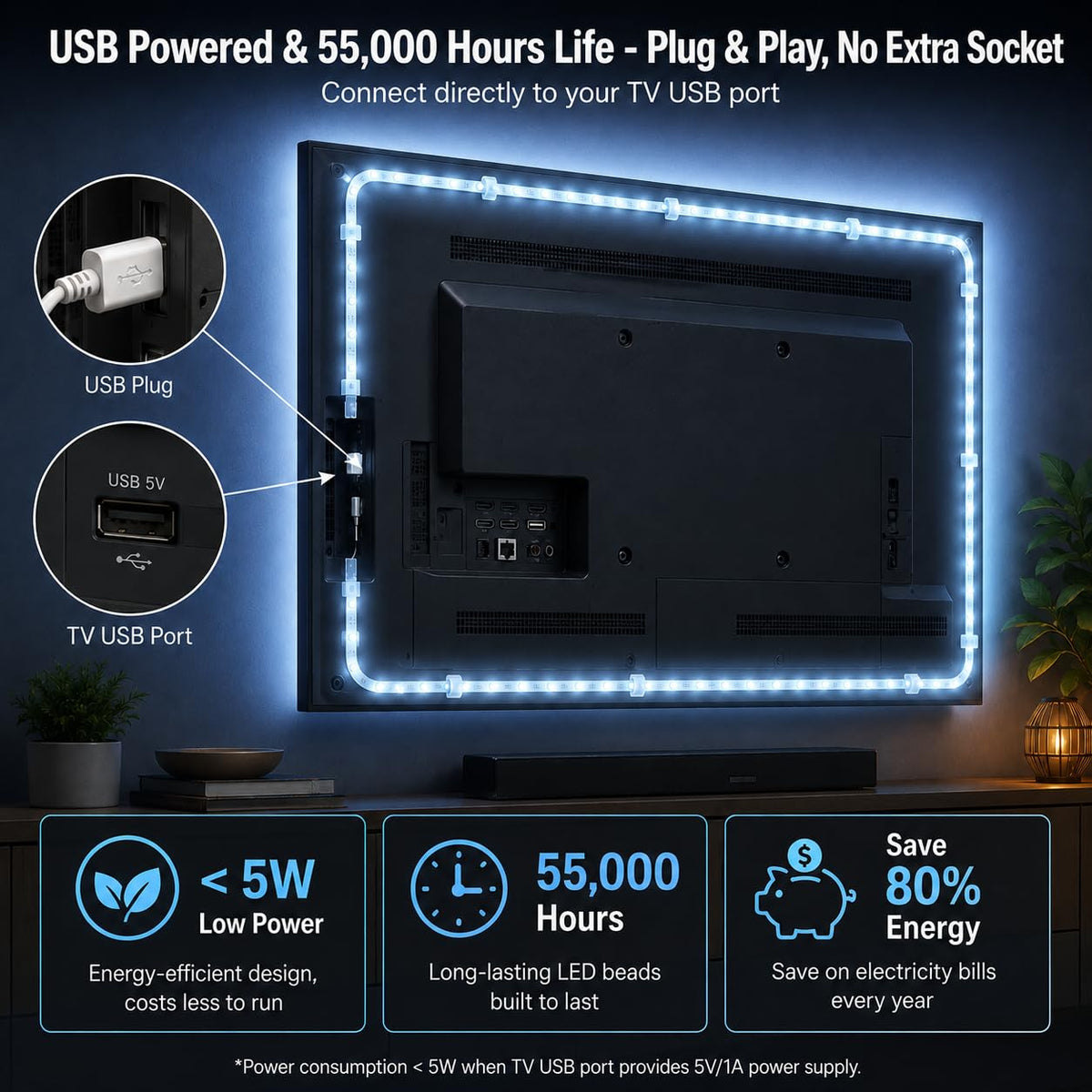 3M TV LED Strip Lights for 30-55 Inch TVs, RGB Colour Changing USB Bias Lighting with Bluetooth App & Music Sync, Remote Control LED Backlight for Home Cinema, Bedroom & Gaming Monitor