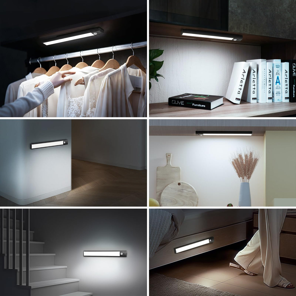 daphomeu 5 Pack Rechargeable Under Cupboard Kitchen Lights, 20CM Dimmable Warm Cabinet Light, LED Motion Sensor Lights Indoor, Magnetic Stick Light for Kitchen Shelf Stairs Wardrobe