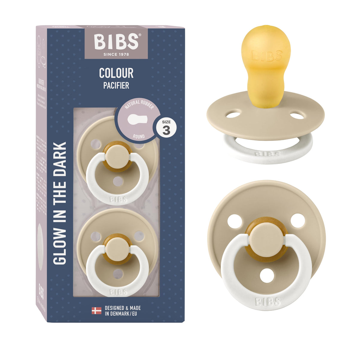BIBS Colour Soother 2-Pack, BPA Free Dummy Pacifier, Round Nipple. Natural Rubber Latex, Made in Denmark, Size 2 (6-18 Months), Baby Blue