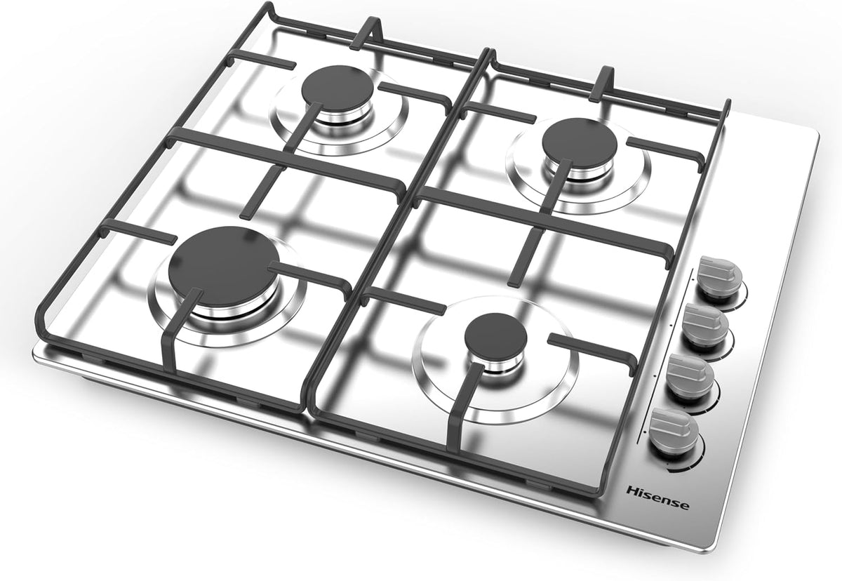 Hisense GM642XHS Built-in 60cm Gas Hob - Stainless Steel with 4 Cooking Areas, Easy Clean Surface, One -Hand Ignition, 60 x 52 x 8.9 cm (L x W x H)