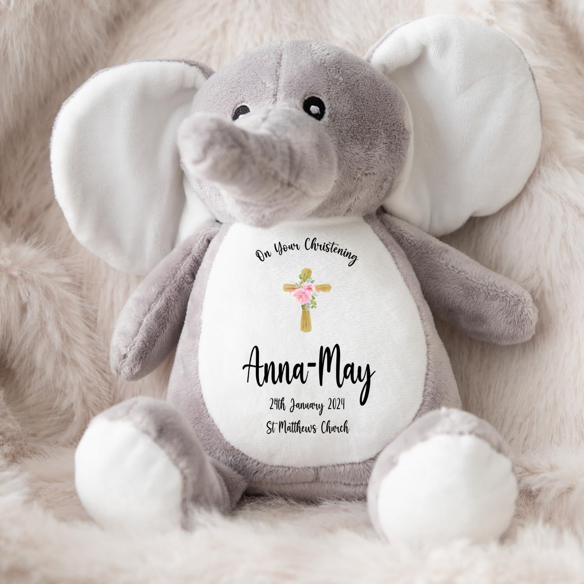 Crafted Memories - Personalised Bunny Rabbit | Custom Name & Date | Christening & Baptism Keepsake | Baby Girl & Boy | Soft Grey, White | Ideal 1st Birthday Present