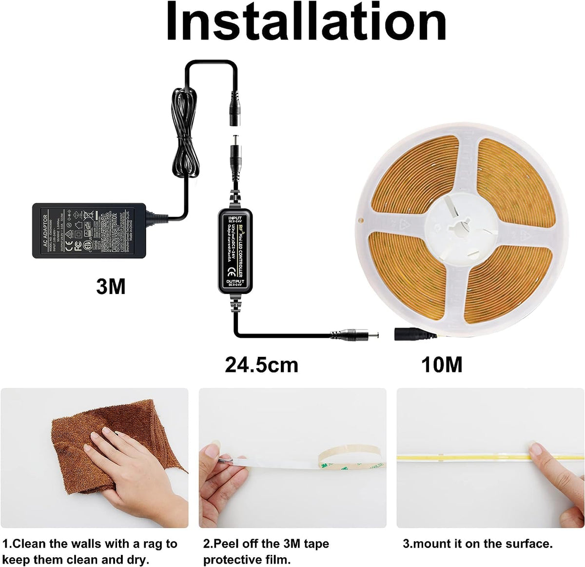 COB LED Strip 3m, 24V, Dimmable, Remote, Warm White, 2700K