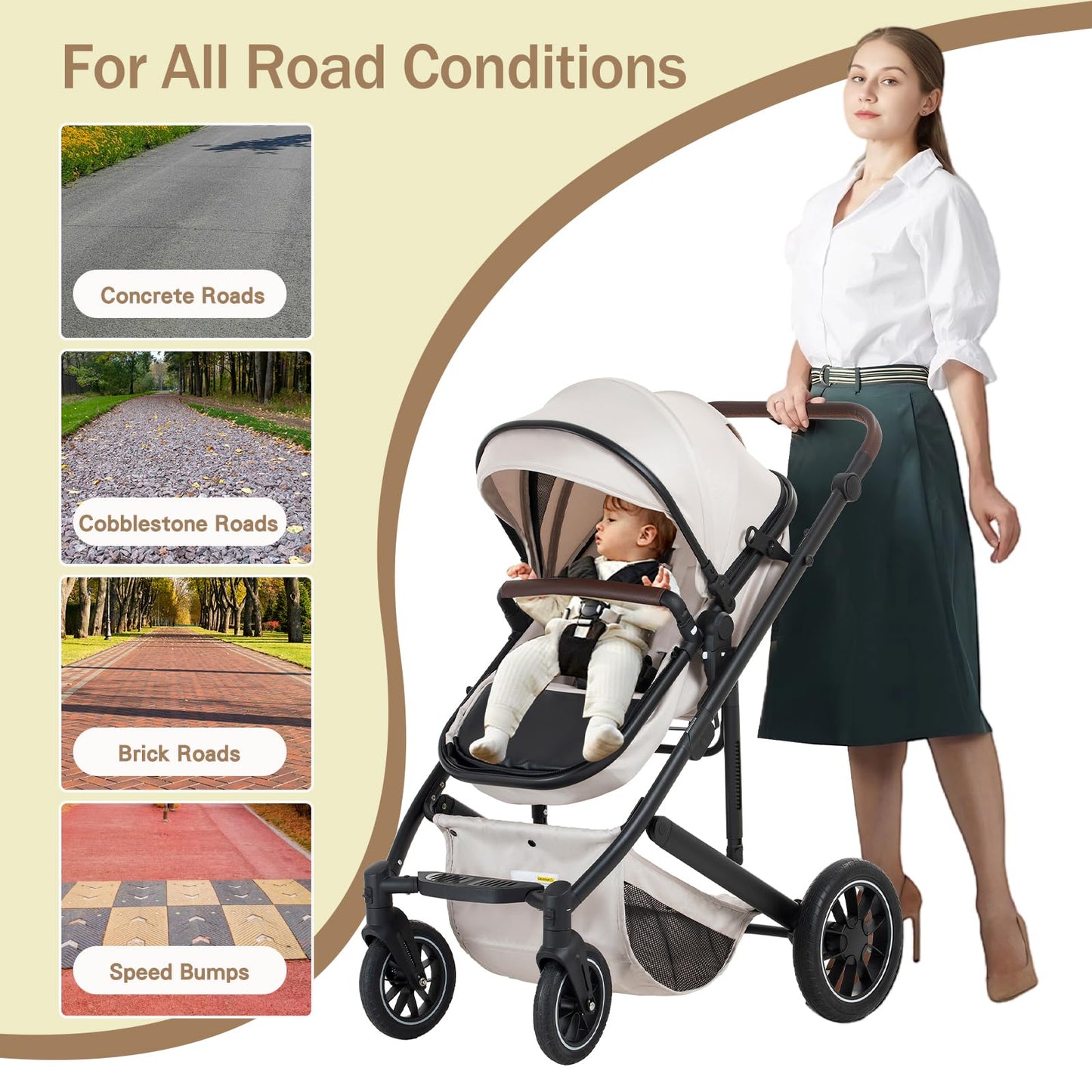 Baby Stroller 3 in 1,Travel Pushchair's Lie-Flat Pram is Foldable, Stroller System Handle is Adjustable, The Wheels are Made of PU Material, Suitable for 0-3 Years-Khaki