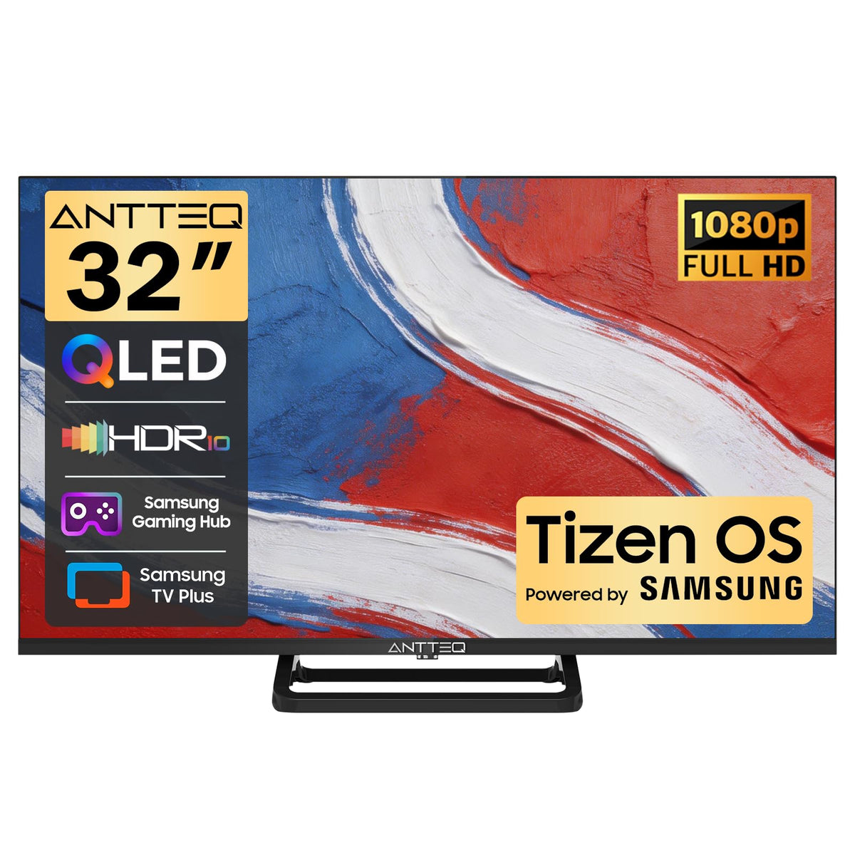 Antteq 32 Inch TV, Central Stand Design TV 720P Freeview HD Dolby Audio DVB T2/S2 LED Television, HDMI USB Media Player Monitor PS5 Xbox, Standard Nonsmart TV Small Screen for Bedroom Kitchen Black