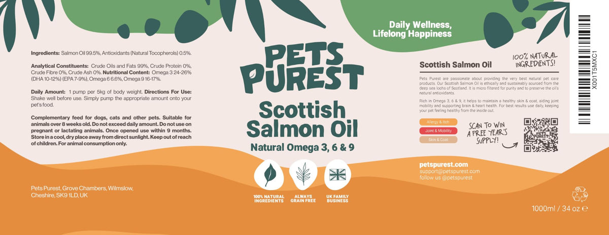 Pets Purest Scottish Salmon Oil For Dogs, Cats, Horse, Ferret - Pure Omega 3, 6 & 9 Fish Oil Food Treats Supplement for Natural Coat, Immune Support, Itchy Skin, Joint & Brain Health (500ml)