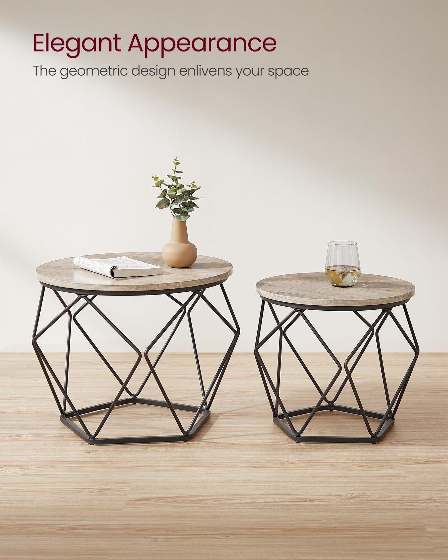 VASAGLE Coffee Tables, Set of 2 Side Tables, Robust Steel Frame, for Living Room, Bedroom, Rustic Brown and Black LET040B01