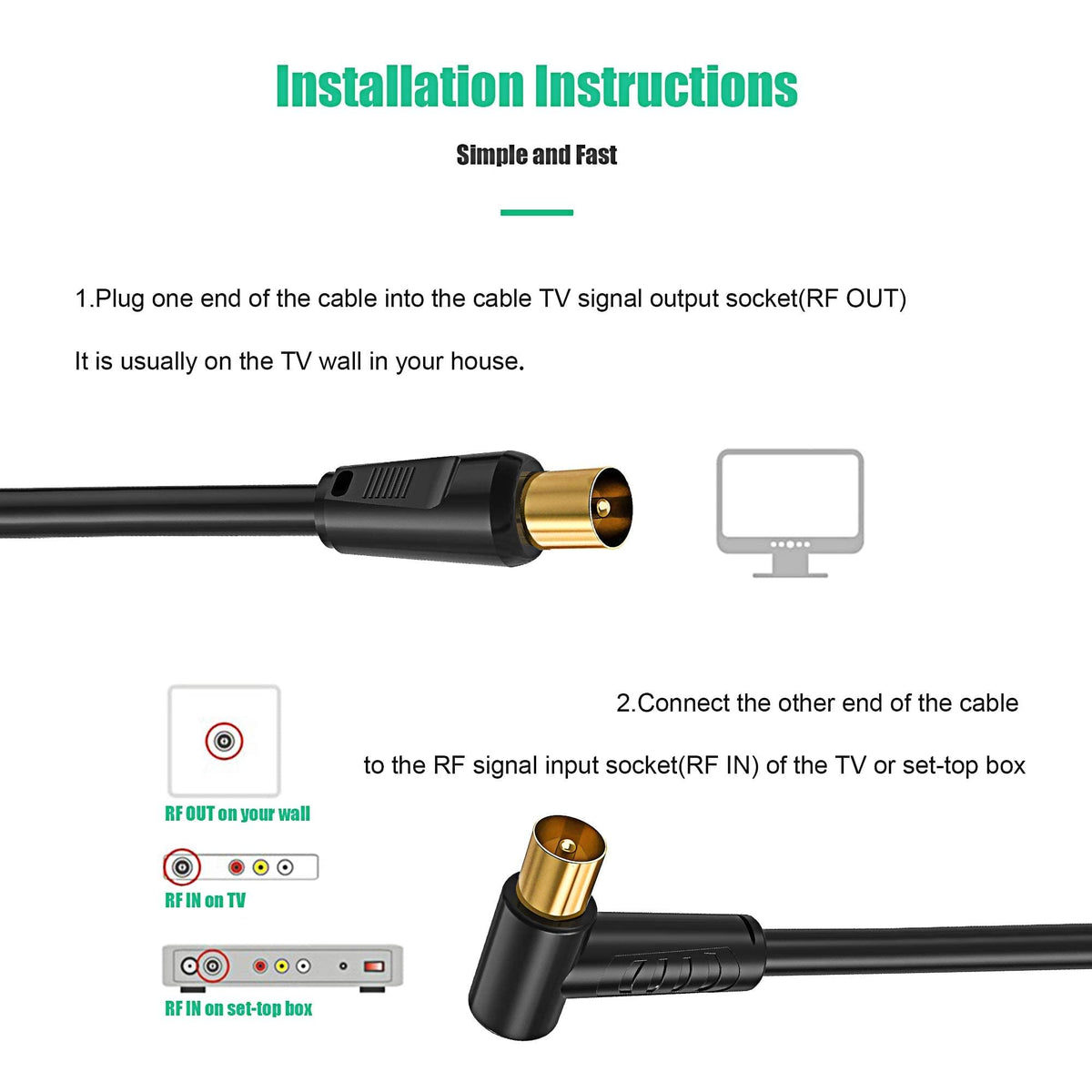 Ancable TV Aerial Cable with Coaxial Adapter 1M Black TV Ariel Lead