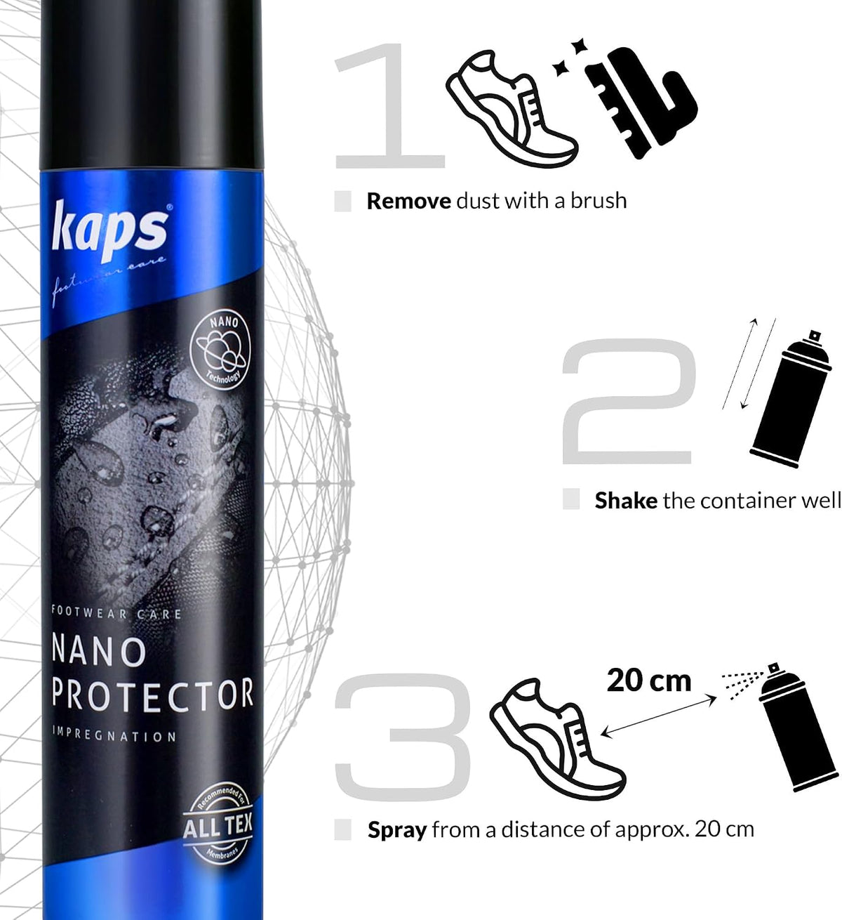 KAPS Nano Protector Waterproofing Spray for Suede, Leather, Nubuck, Textiles and TEX Materials, Moisture and Dirt Repellent - New Fast Drying Formula