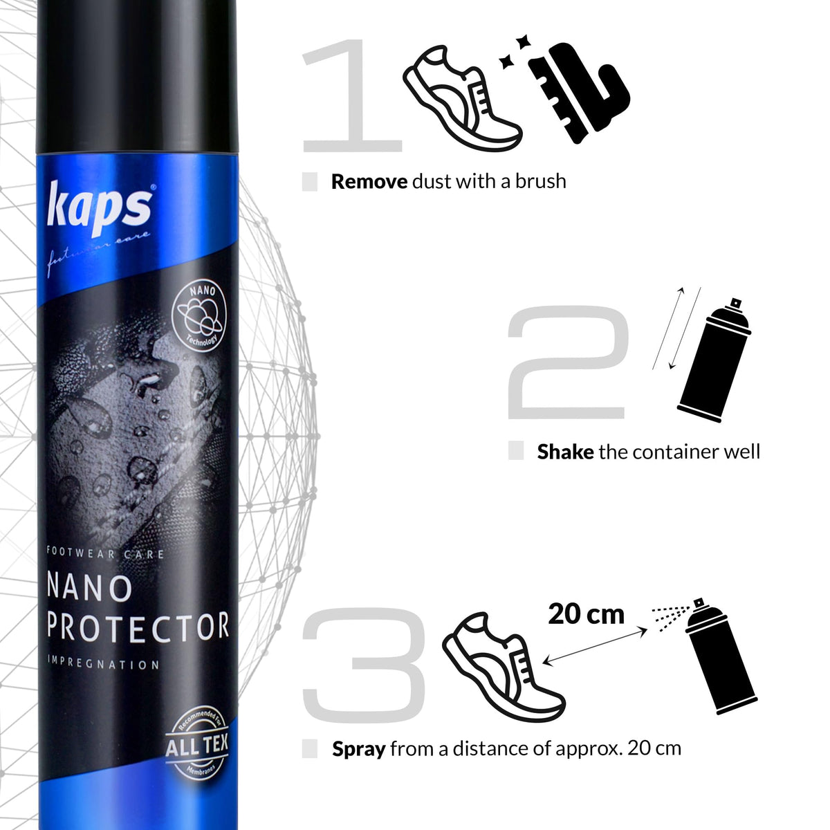 KAPS Nano Protector Waterproofing Spray for Suede, Leather, Nubuck, Textiles and TEX Materials, Moisture and Dirt Repellent - New Fast Drying Formula