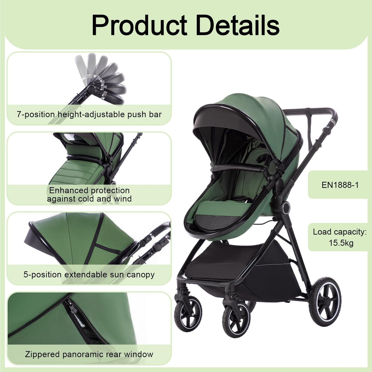Zkipm Baby Pram 3 in 1, Foldable Baby Stroller,Pram Set Travel with Adjustable-Height Push Handle, Present Rain Cover, Mosquito Net, Bag, Cooling Mat, ect for Ages 0–3