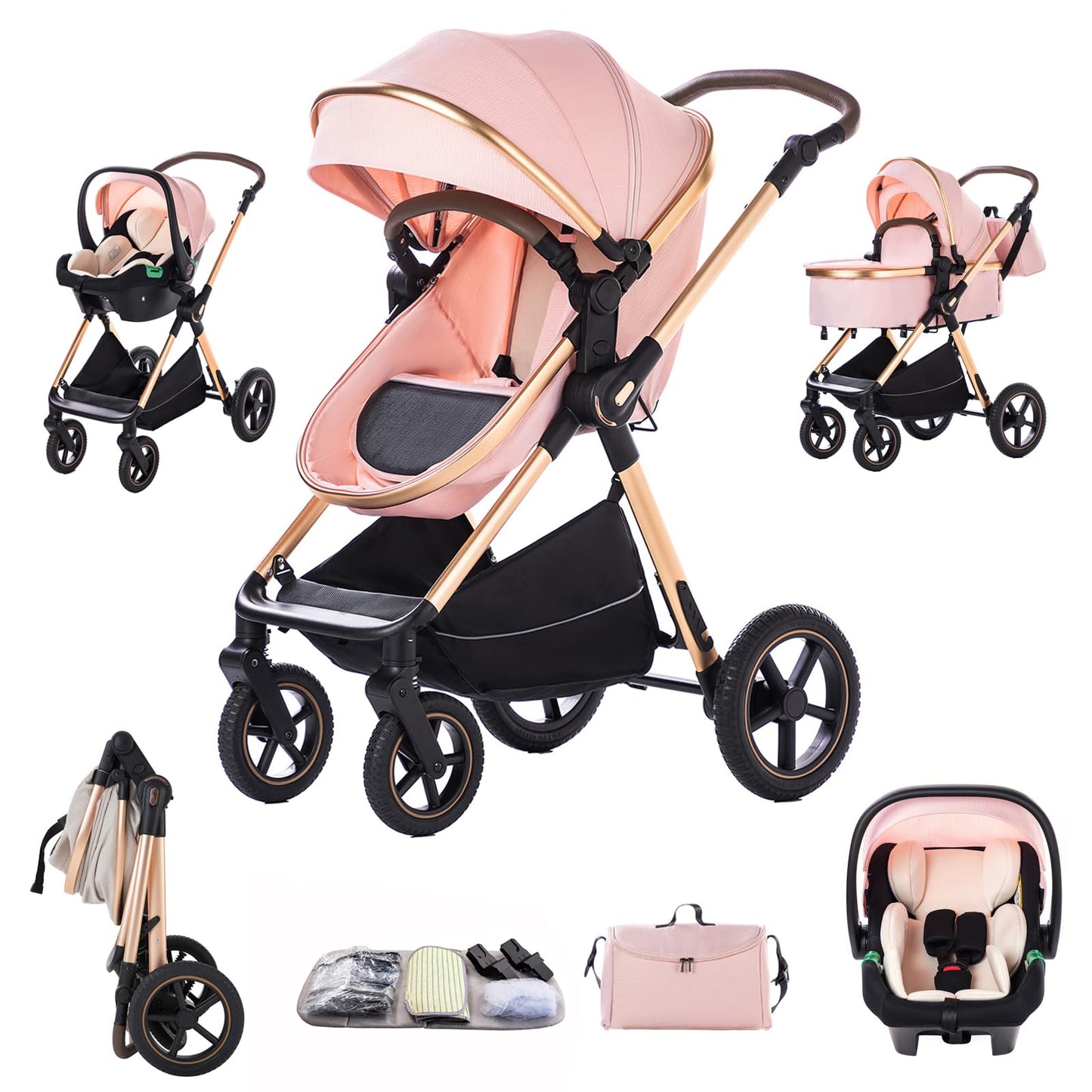 3 in 1 Pram Pushchair Aluminium Frame High Landscape Combined Buggy Lightweight Folding Stroller 3 in 1 Travel System Pram for Newborns Toddlers 0-36 Months from Birth (H9-Pink, H9)