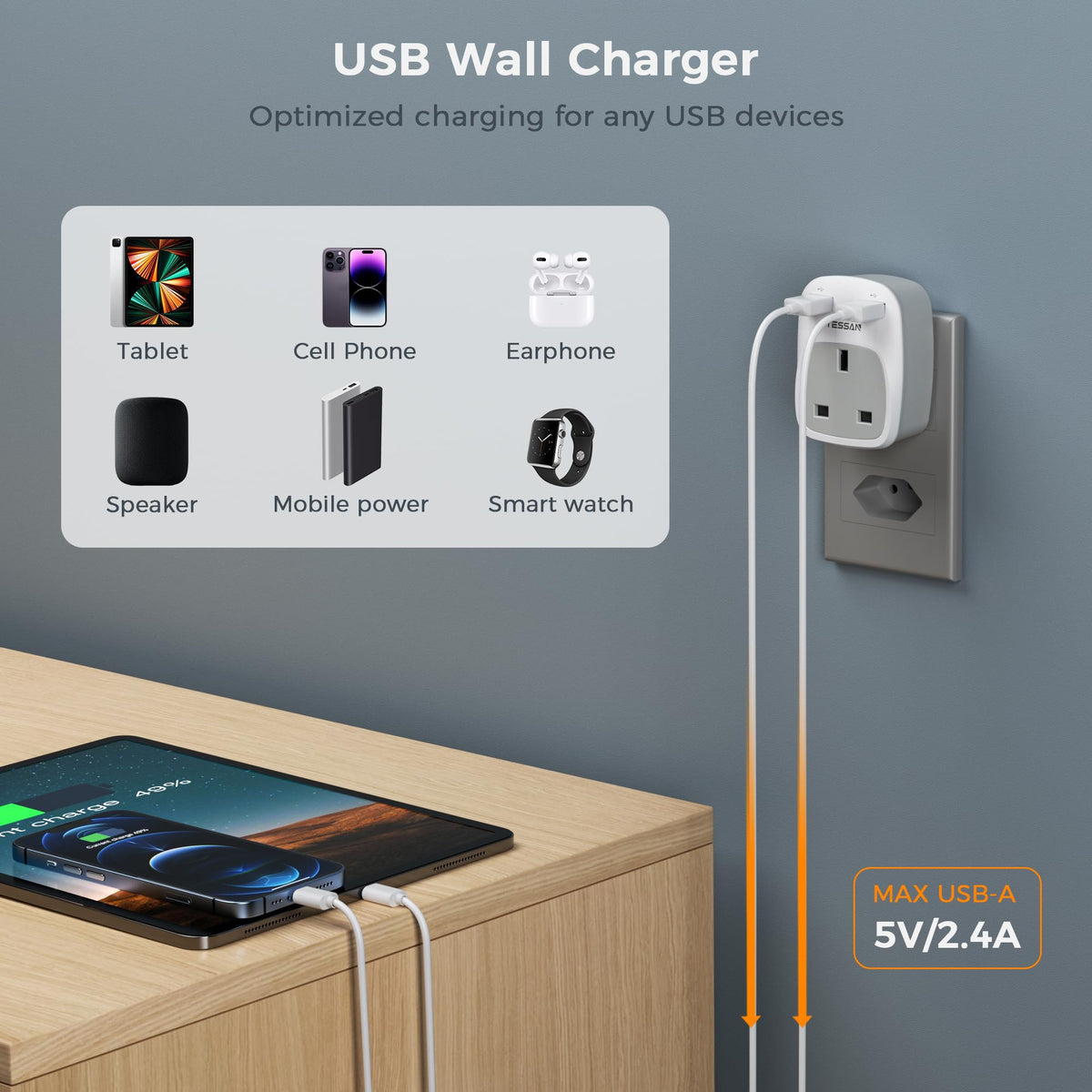 TESSAN UK to Italy Plug Adapter, Grounded Type L Travel Adaptor with USB C