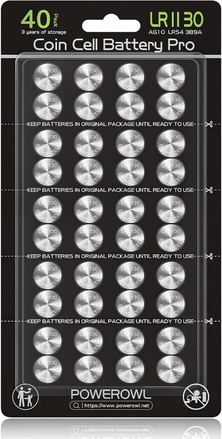 POWEROWL - 40 Pack LR1130 AG10 1.5V Button Cell Batteries for Watches