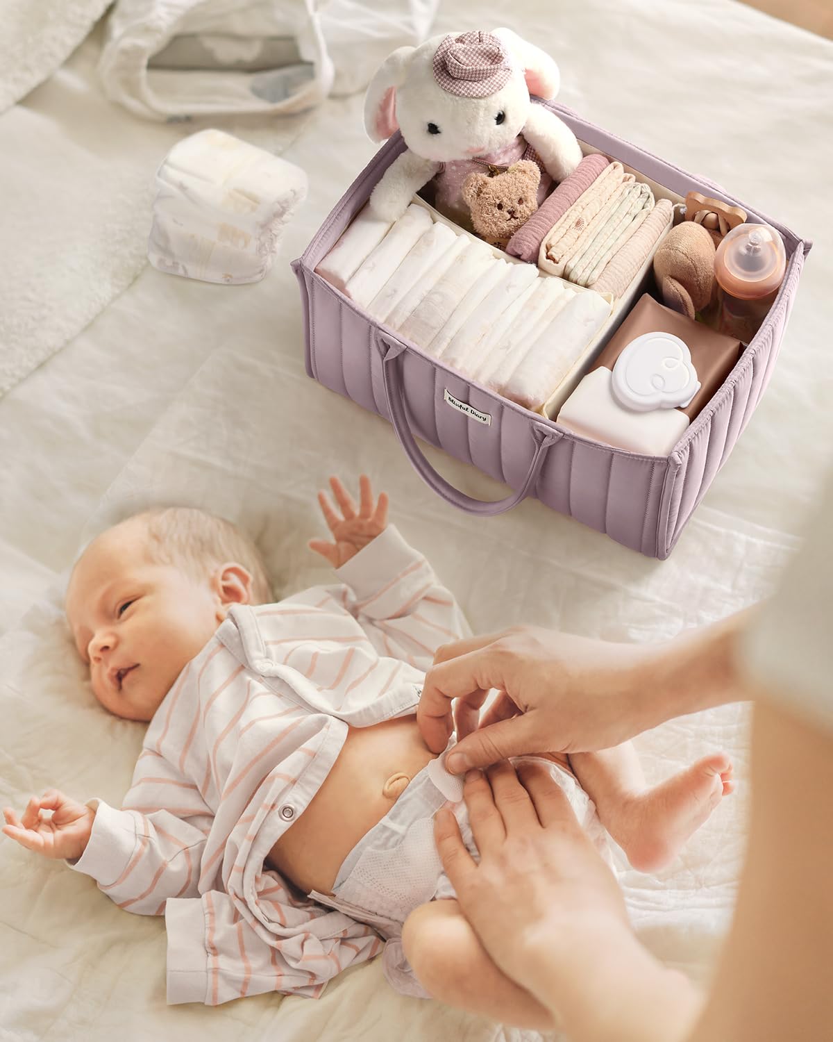 Blissful Diary Nappy Caddy Organiser, Baby Diaper Caddy for Nappy Station, Stylish Storage Basket for Newborn Essentials, Baby Shower Gifts for Girl or Boy, Woodland Cream