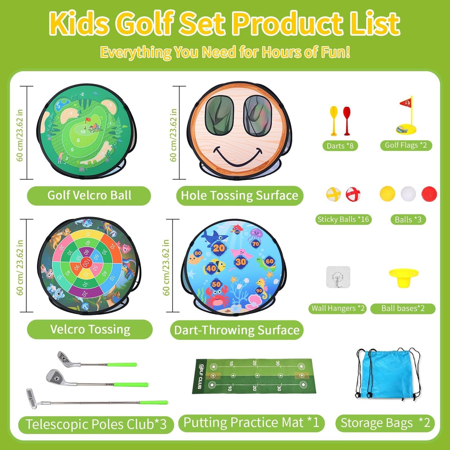 Kids Golf Set, AOSITE 5-in-1 Toddler Golf Set with 3 Golf Clubs, Putting Mat, 19 Balls, Dinosaur Sticky Darts & 8 Darts, 3-10 Kids Games Golf Toy, Mini Golf Indoor Outdoor Sports Activities Party Gift