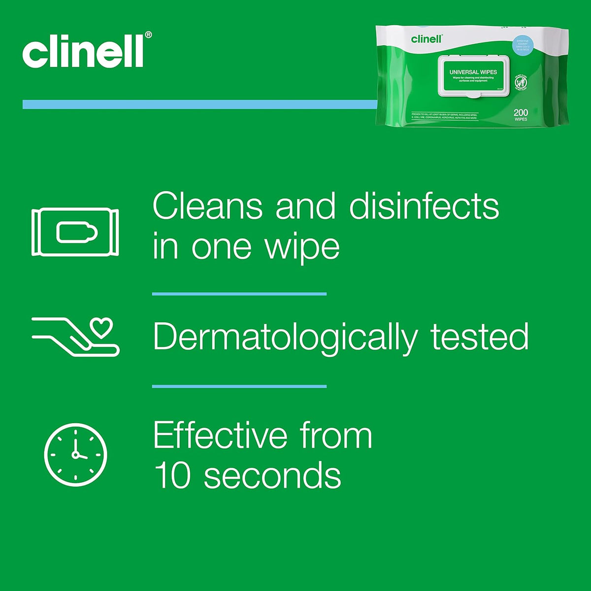Clinell Universal Cleaning and Disinfectant Wipes - Pack of 6, 1200 Wipes - Multi Surface, Kills 99.99% of Germs, Quick Action, Green, Pleasant Fragrance