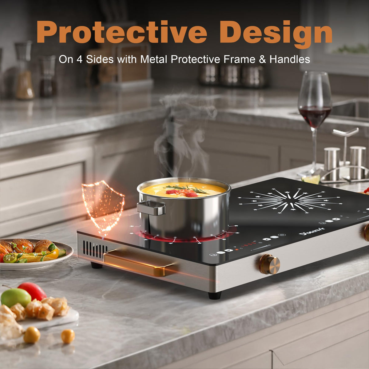 Double Ceramic Hob with Handle, Plug in 2 Ring Electric Hob