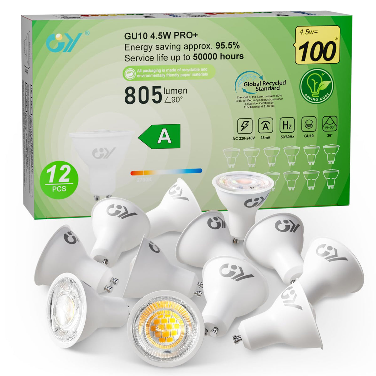 GY GU10 LED Bulb 4.9W 790lm Cool White 6500K Energy Saving LED Bulb, The New UK Energy Efficiency Class B Replaces 80W, 110°Beam Angle Non-Dimmable, 10 Pack