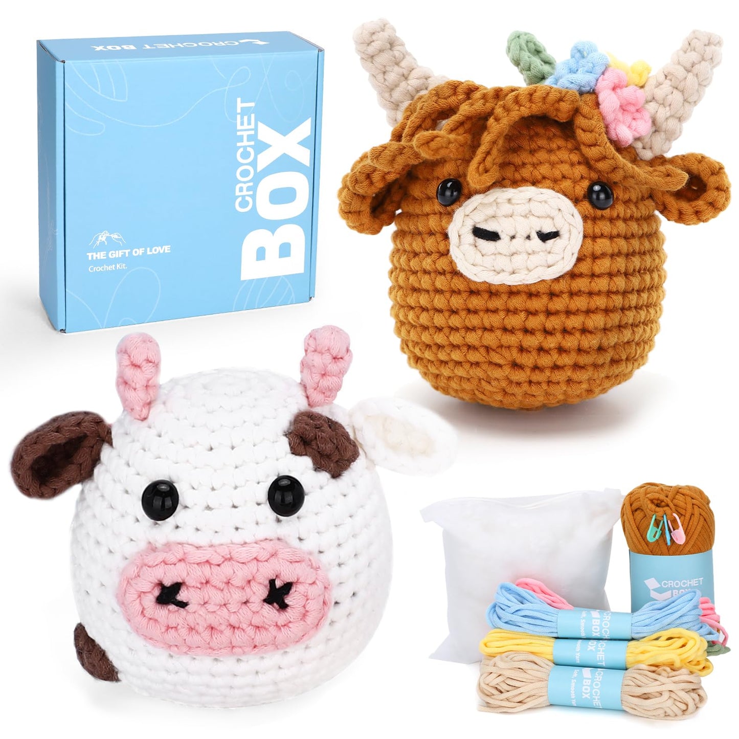 CROCHET BOX Complete Crochet Kit for Beginners - Highland Cow Crochet Kit, Include Video Tutorial, Instruction, Soft Yarn, Birthday Gift for Adults.