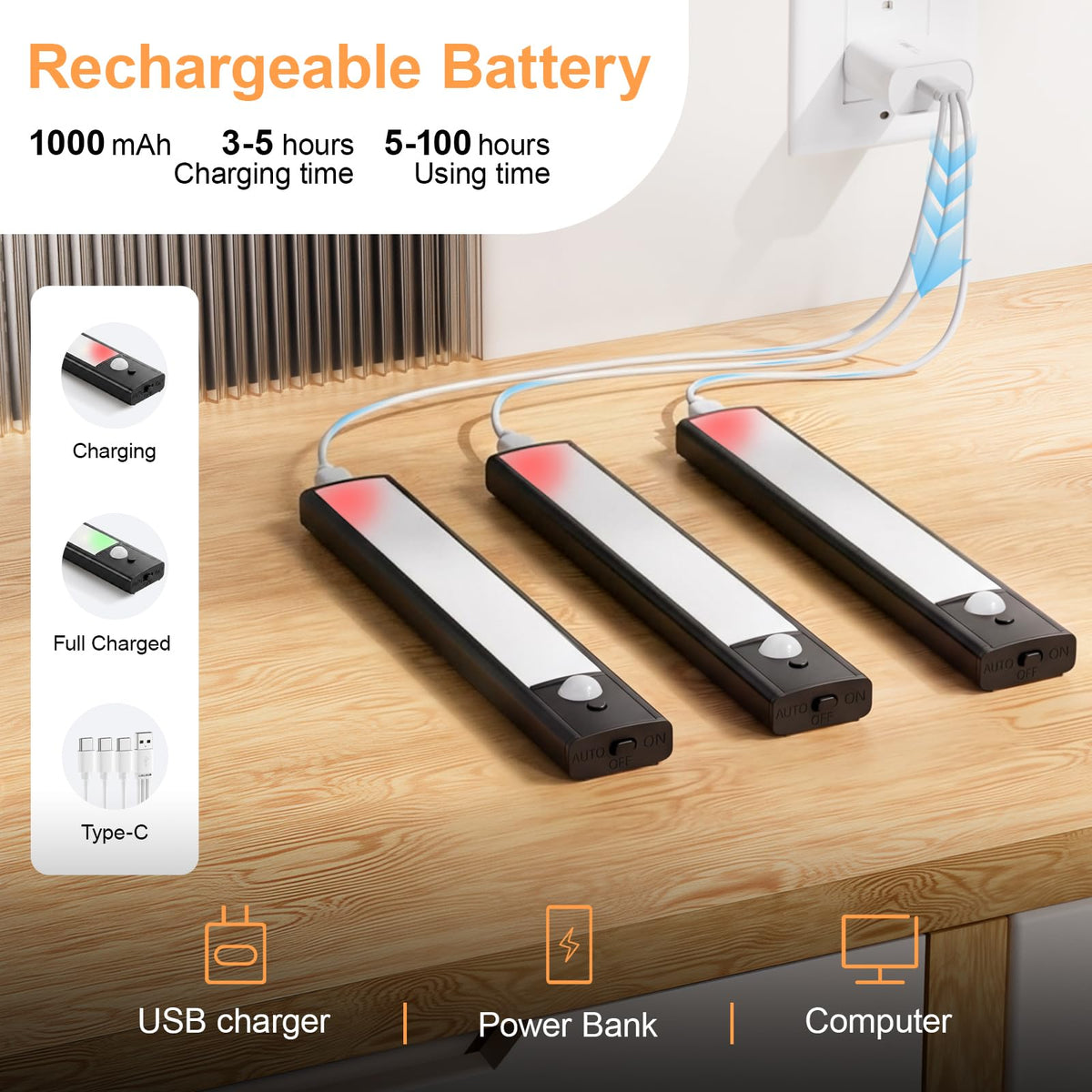 daphomeu 5 Pack Rechargeable Under Cupboard Kitchen Lights, 20CM Dimmable Warm Cabinet Light, LED Motion Sensor Lights Indoor, Magnetic Stick Light for Kitchen Shelf Stairs Wardrobe