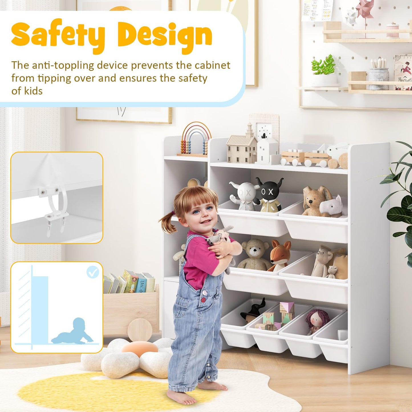 GYMAX Toy Storage Organizer, 4 Tiers Kids Bookshelf and Toy Storage Unit with 8 Bins, Open Shelves and Enclosed Cabinet, Children Bookcase for Playroom Bedroom Nursery (Pink)
