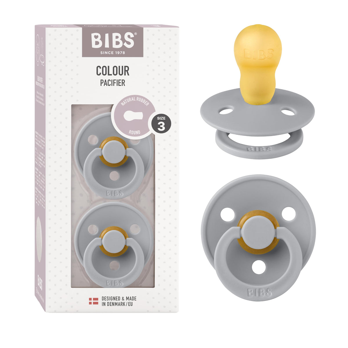 BIBS Colour Soother 2-Pack, BPA Free Dummy Pacifier, Round Nipple. Natural Rubber Latex, Made in Denmark, Size 2 (6-18 Months), Baby Blue