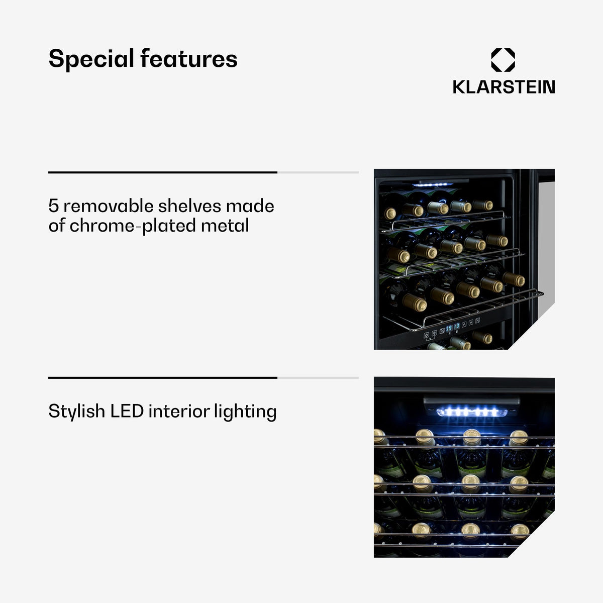 KLARSTEIN Shiraz Wine Cooler Black – 8 Bottles, 1 Zone | Freestanding Wine Fridge with Glass Door, Quiet, 5–18 °C, LED, Stainless Steel Frame