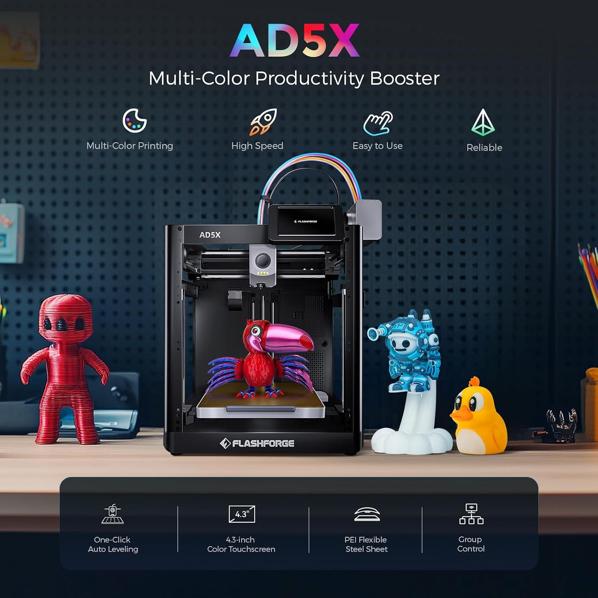 Flashforge Adventurer 5X 3D Printer with Multi-Color Printing,Customize with IFS,AD5X Multi-Material/Full-auto leveling 3D Printer,Max Speed: 600mm/s,Auto 4kg Filament Refill,Compact Integrated Design