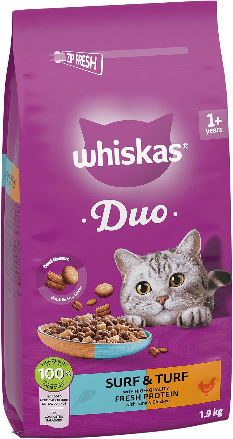 WHISKAS 1+ DUO Surf & Turf Dry Cat Food 1.9kg