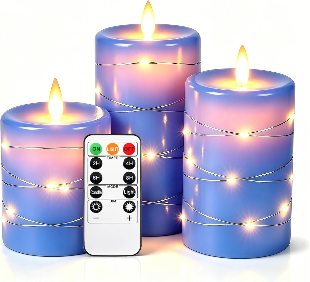 Da by 3 Pack Ivory Flameless LED Candles with Fairy Lights, Realistic Moving Flame Paraffin Wax Candles, Remote Control, Soft Warm Light, 8cm D x 12.5/14.5/16.5cm H, Indoor Wedding Home Decor