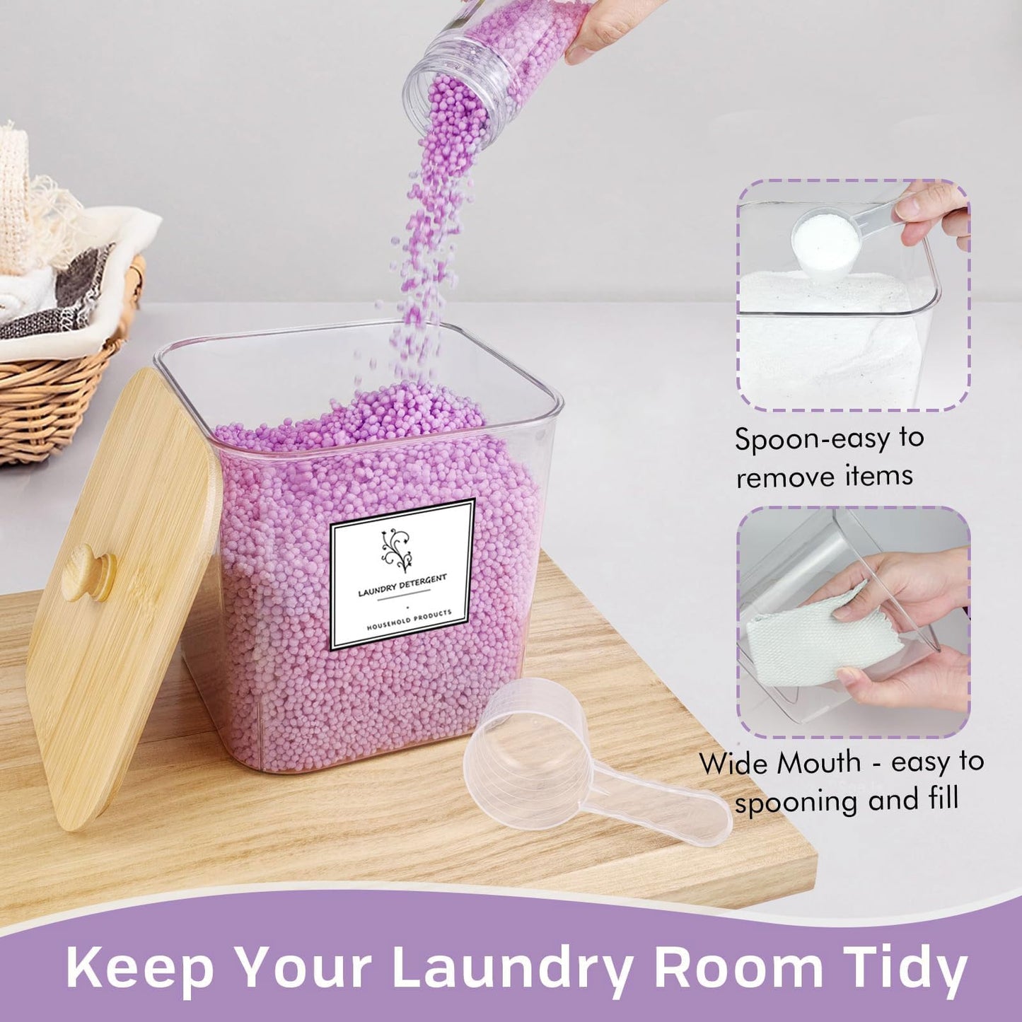 3-Pack Clear Laundry Pods Storage Container with Bamboo Lid, Labels & Scoop – Washing Pods Holder for Powder, Dishwasher Tablets, Scent Booster – Laundry, Bathroom, Kitchen Organization(Square)