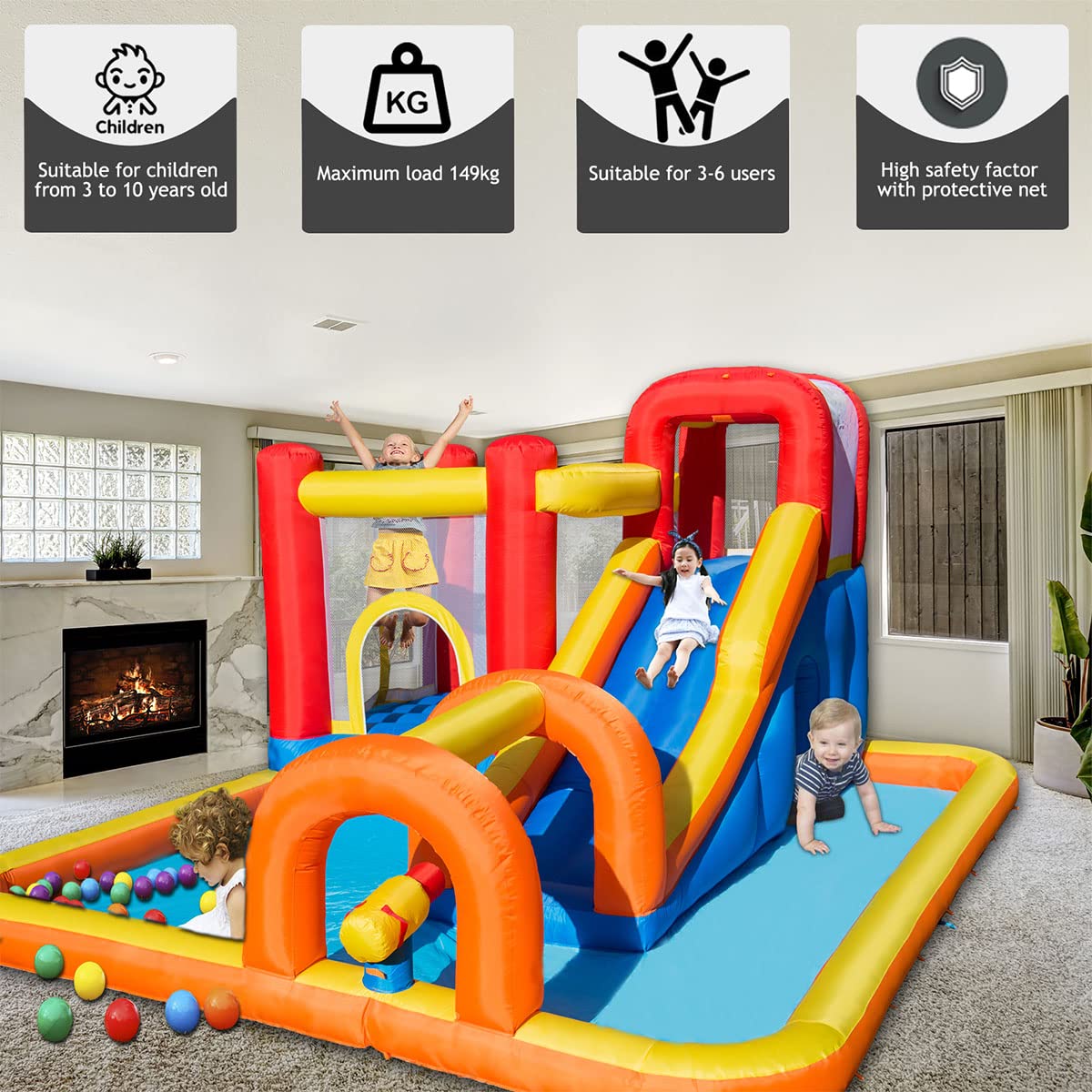 Baralir 7-in-1 Kids Inflatable Bouncy Castle with Blower — 371x351x188cm | Ages 3-10