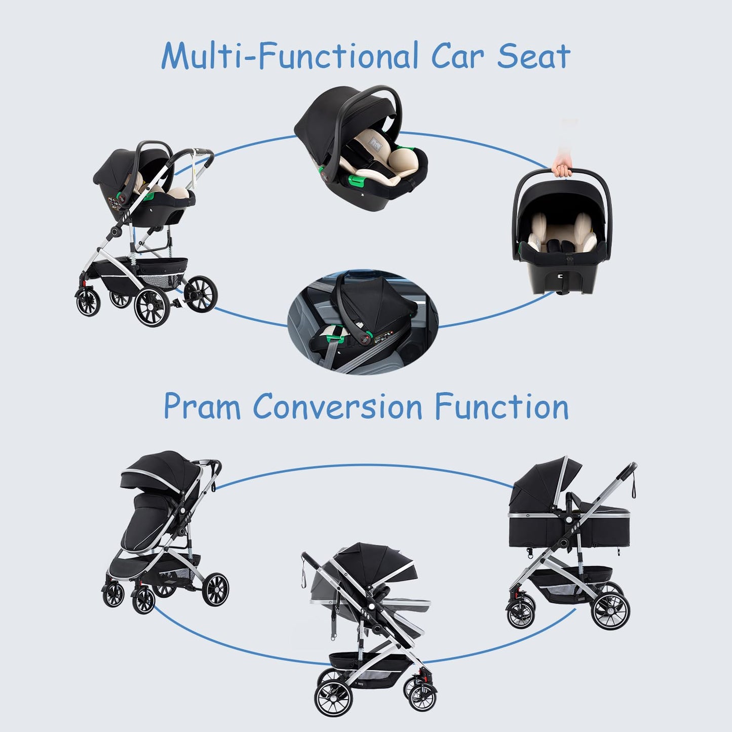 Baby Stroller 3 in 1,Travel Pushchair's Lie-Flat Pram is Foldable, Stroller System Handle is Adjustable, The Wheels are Made of PU Material, Suitable for 0-3 Years-Khaki