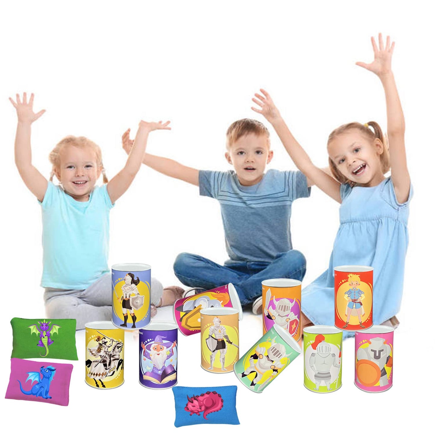 Tin Can Alley Game, Outdoor Garden Target Shooting Fairground Games for Kids & Children, Garden Party Toys Gift for Boys & Girls: 10pcs Fun Smile Knock Down Tin Cans and 3pcs Beanbags