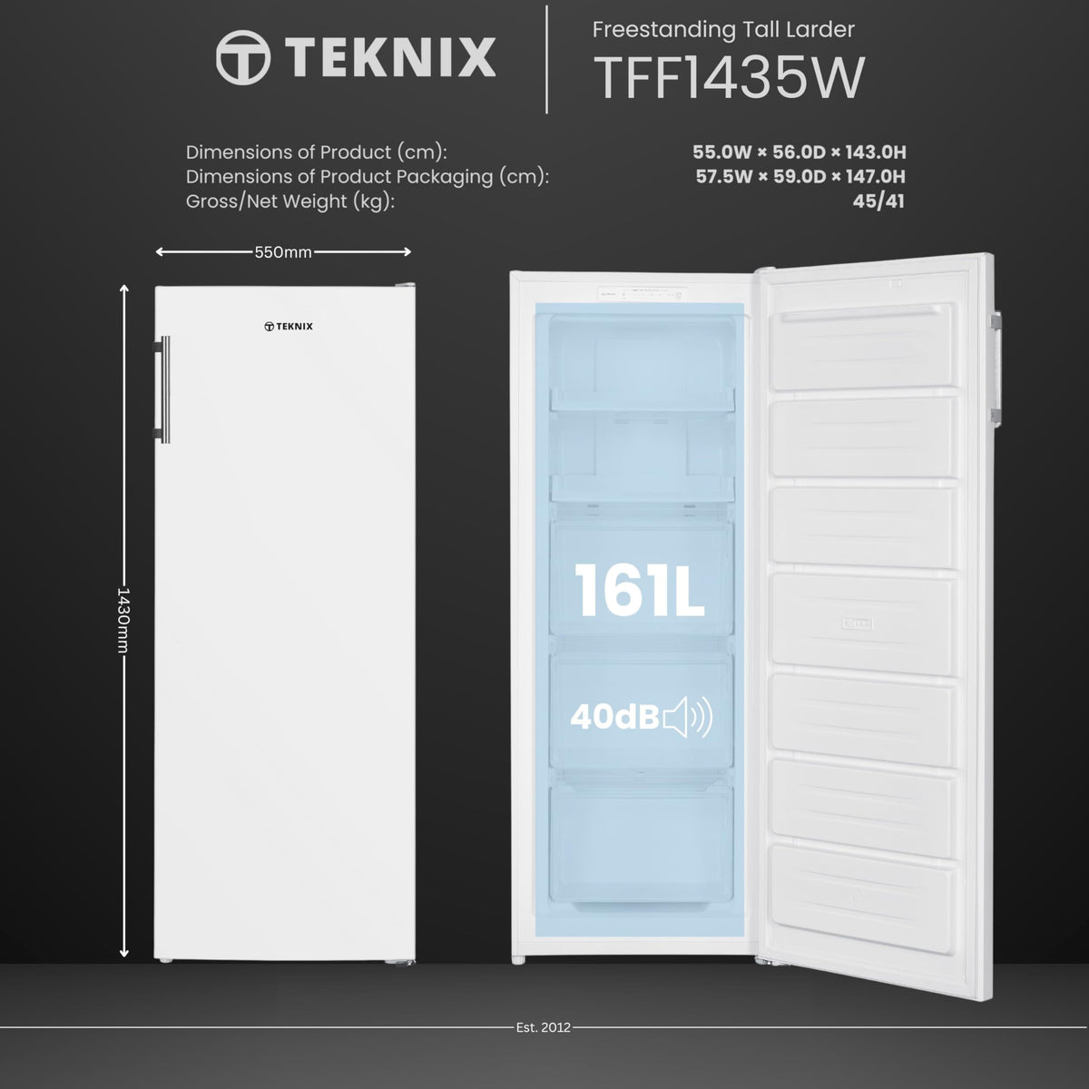 Teknix UC48F2W Freestanding Undercounter Freezer - 48cm Width / 60 Litre Capacity - Suitable for Outbuildings - 3 Large Compartments - 4 Star Freezer Rating - White