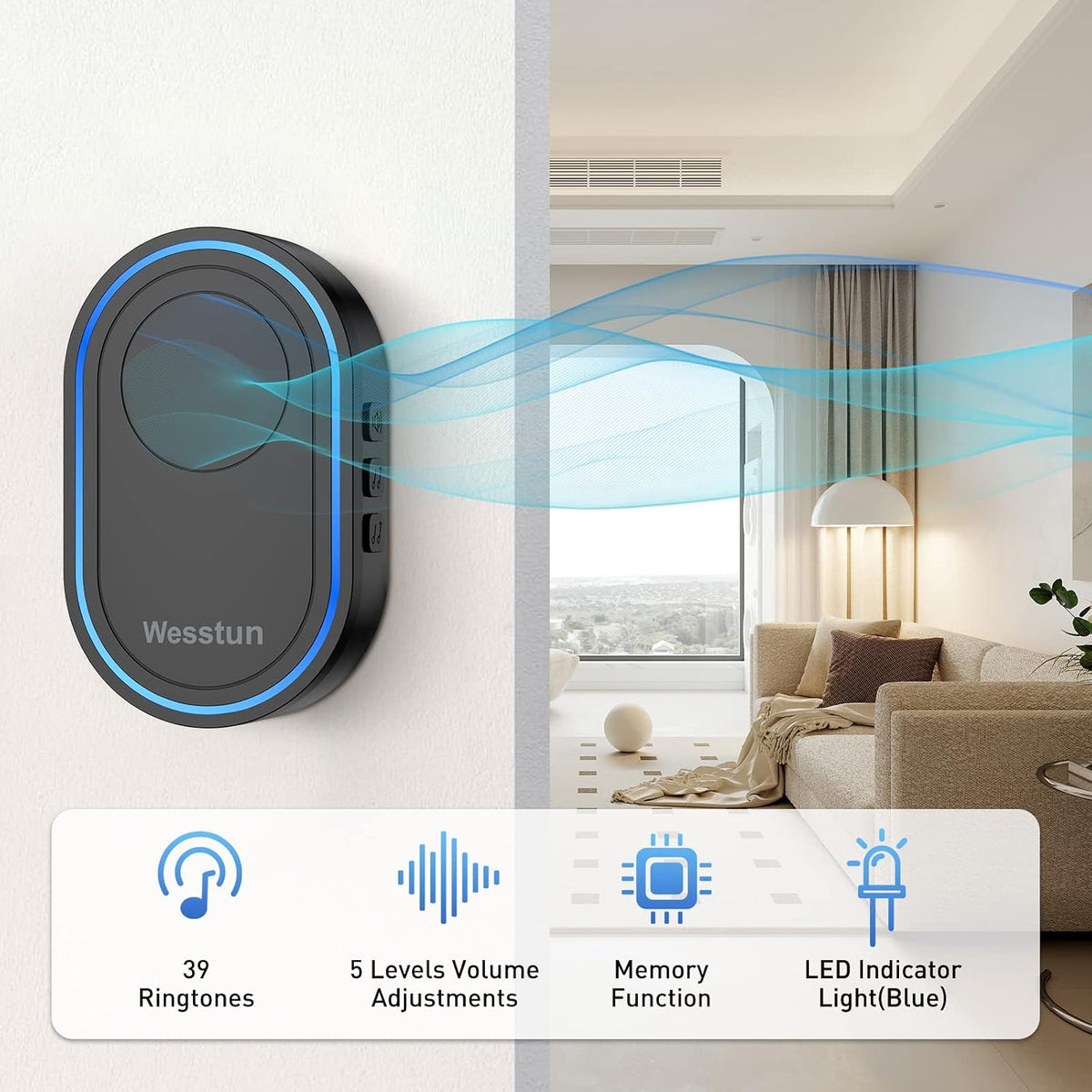 Wireless Doorbell, 300m Range with 39 Melodies, Easy Install, Black