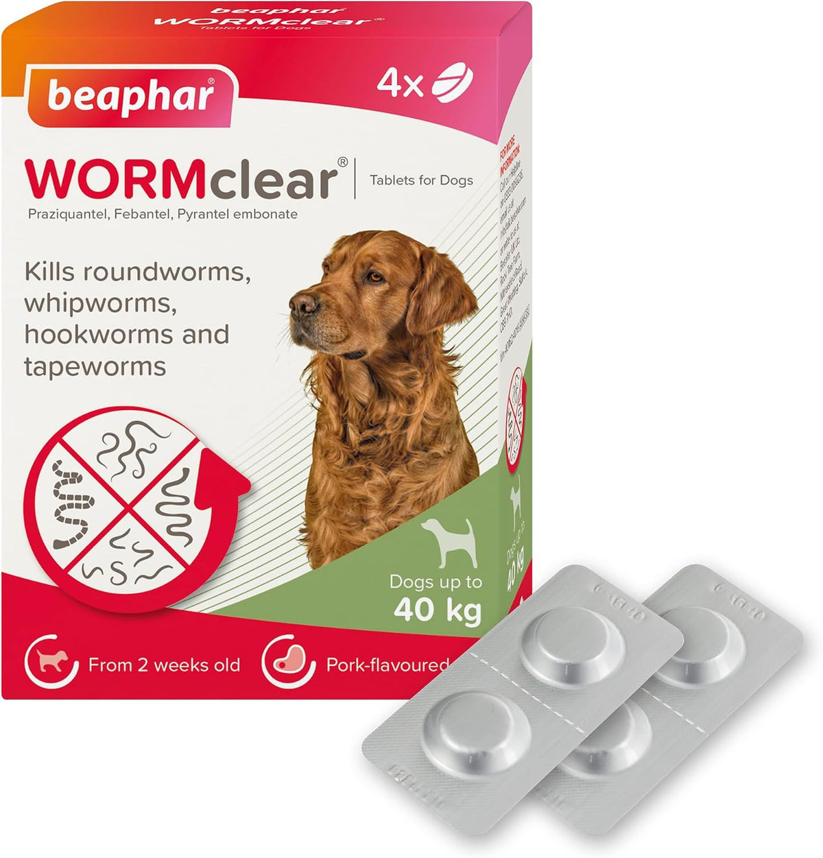 Beaphar - WORMclear® Tablets for Dogs up to 40kg - 4 Tablets - Kills All Common UK Intestinal Worms (Roundworms & Tapeworms) - Vet Strength Wormer - Pork-Flavoured - For dogs over 2 weeks old & 3kg
