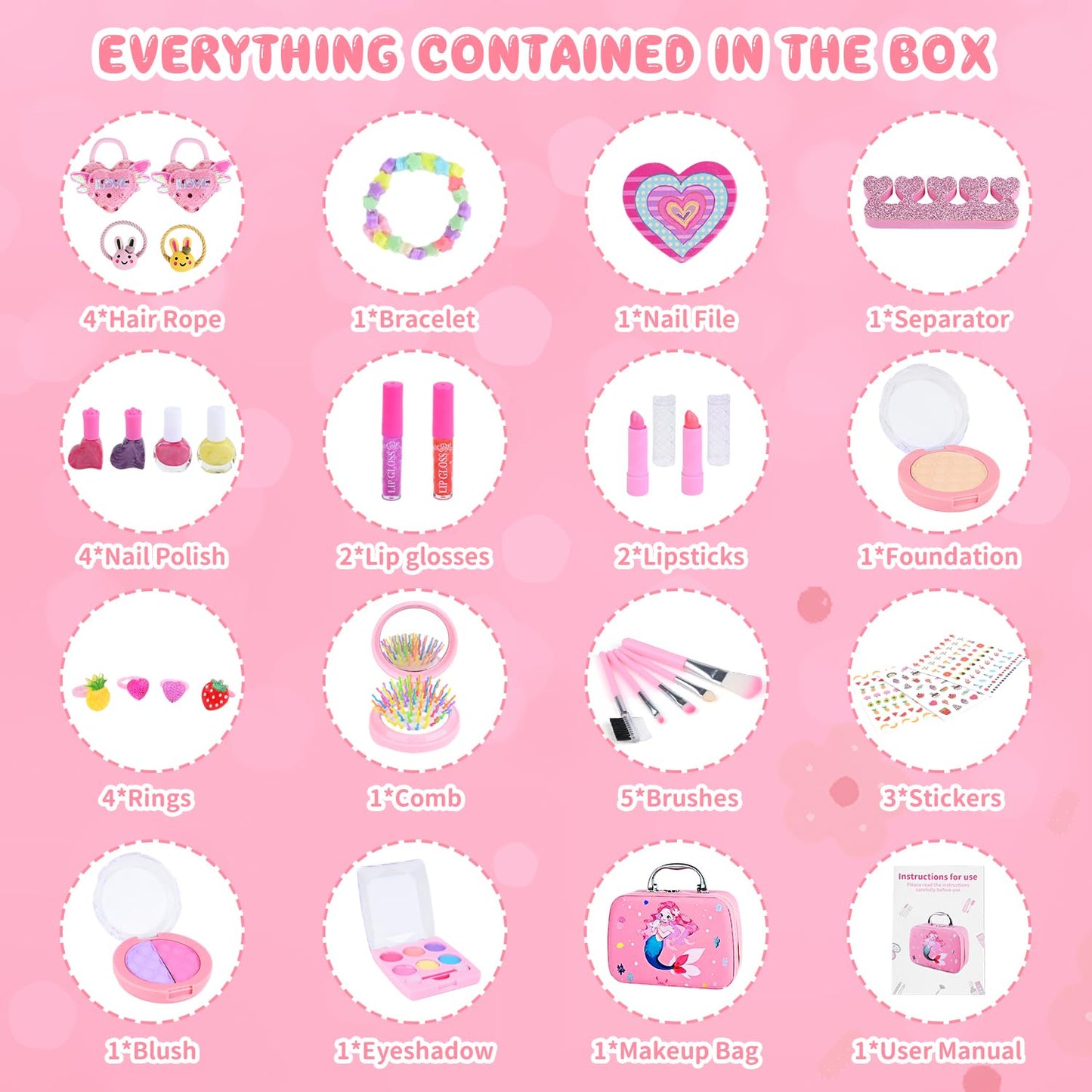 Kids Makeup Sets for Girls, Children Real Washable Make up Starter Kit Princess Pretend Play Makeup Girls Toys with Cosmetic Bag, Little Girl Birthday Set For Age 3 4 5 6 7 8 9 10 Year