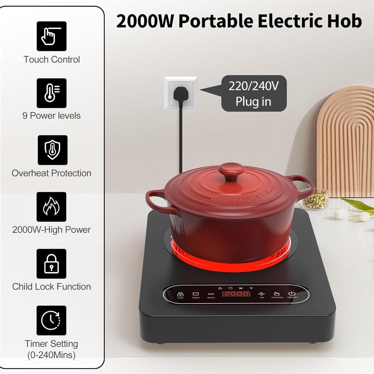 VBGK Portable Ceramic Hob, 2000W Portable Electric Hob, Electric Ceramic Hob, Single Cooking Zone with LED Display, 4-Hours Timer, Safety Lock, Residual Heat Indicator