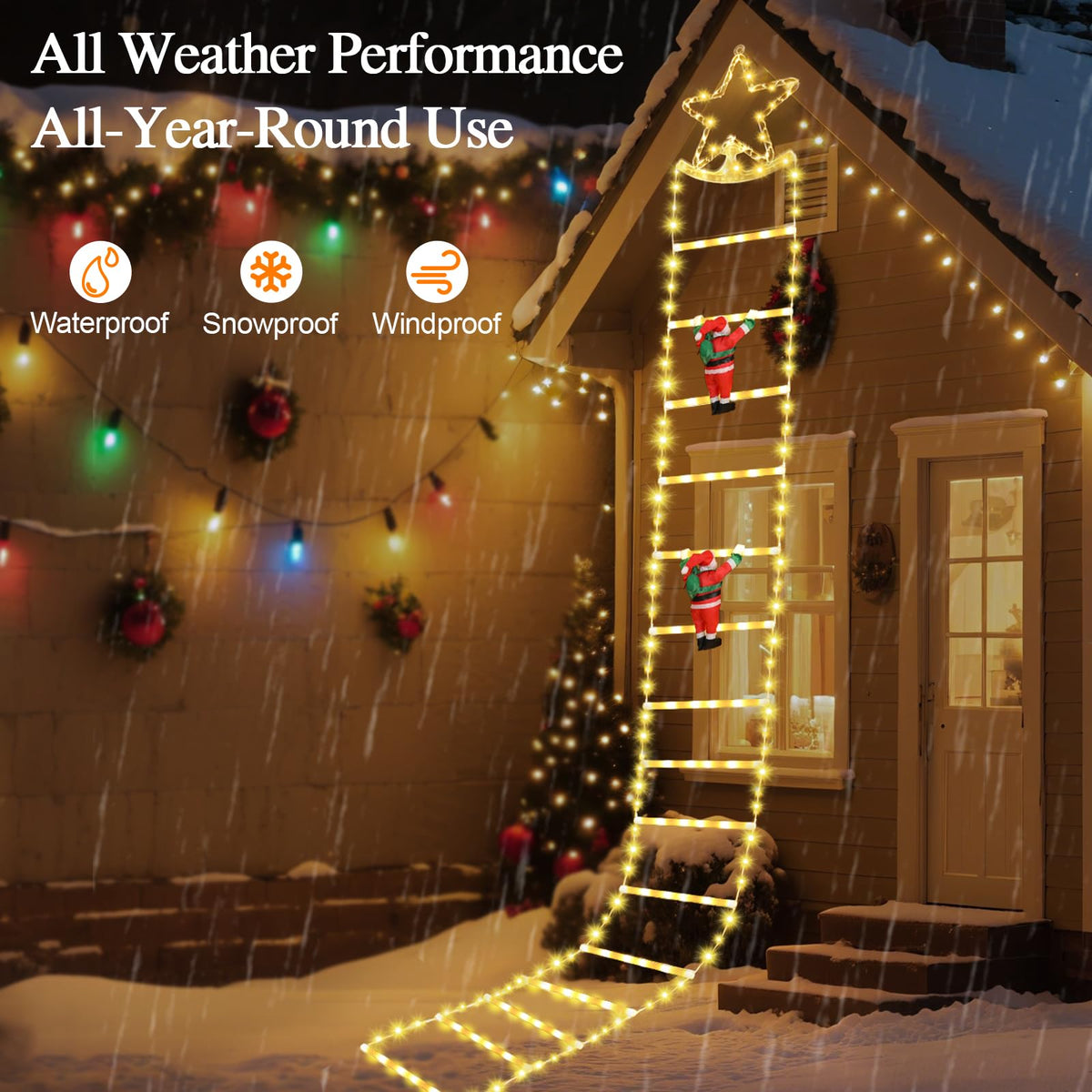 Lewondr 10ft Christmas Ladder Lights with 2 Santa Ladder Climbing, Colorful